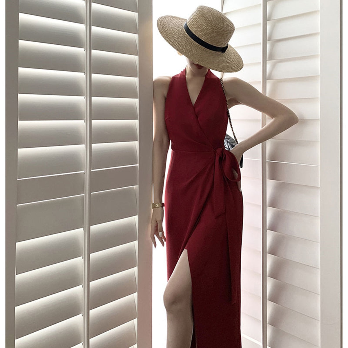 Elegant White Halter Vintage Dress Women Solid Sleeveless V-Neck Split Bandage Red Midi Dress Summer Lady Vestidos