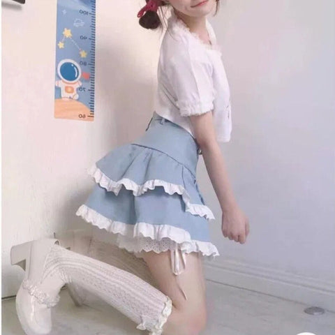 Geumxl Casual Japanese Kawaii Mini Skirts Women Bandage Lace Sweet Cute Skirts Female Fluffy Pretty Princess Lolita Skirts Summer 2023