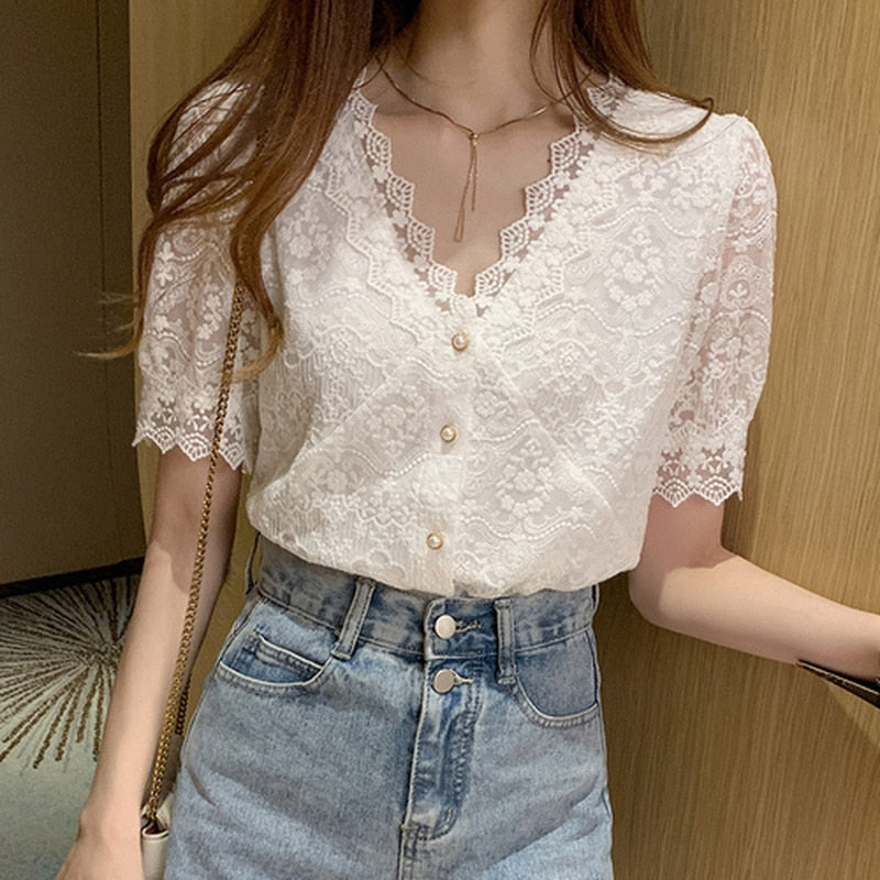 Summer Women Tops and Blouse Korean V-neck New Lace Shirts Stitching Women Short-sleeved Lace Hollow Out Top Female Blusa 13985