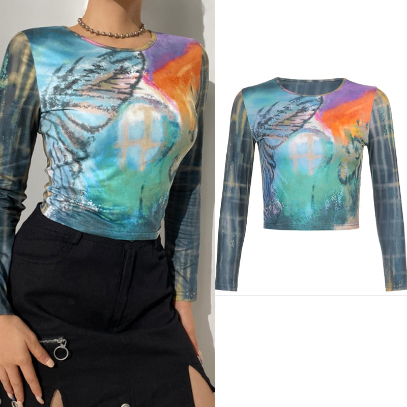 Geumxl Vintage Rhinestone Patches Printed Patchwork T-Shirt Women Grunge Aesthetic Button O-Neck Long Sleeve Cropped Top Iamhotty