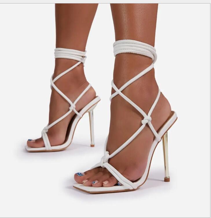 Geumxl Summer Woman Shoes Sandals Metal Heel Cross Strap Party Pumps High Heels Lace-Up Ladies Shoes Gold White Black zapatillas mujer