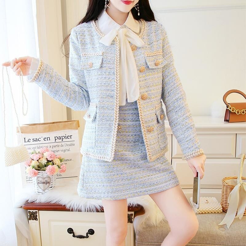Geumxl 2Pcs Palid Suits Jacket Skirt Women Female Tweed Jacket Vintage Fashion Suit Channel Jacket Blazer Femme Feminino Coat  Harajuku