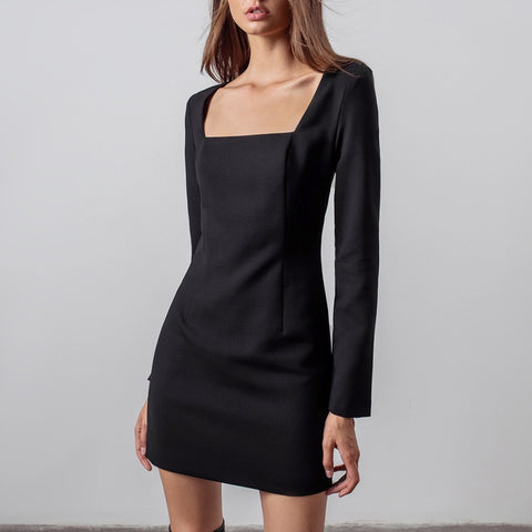 Geumxl Women Elegant Square Collar Black Mini Dress High Waist Long Sleeve Slim Party Dresses Fashion High Street Dress 2022 New Spring