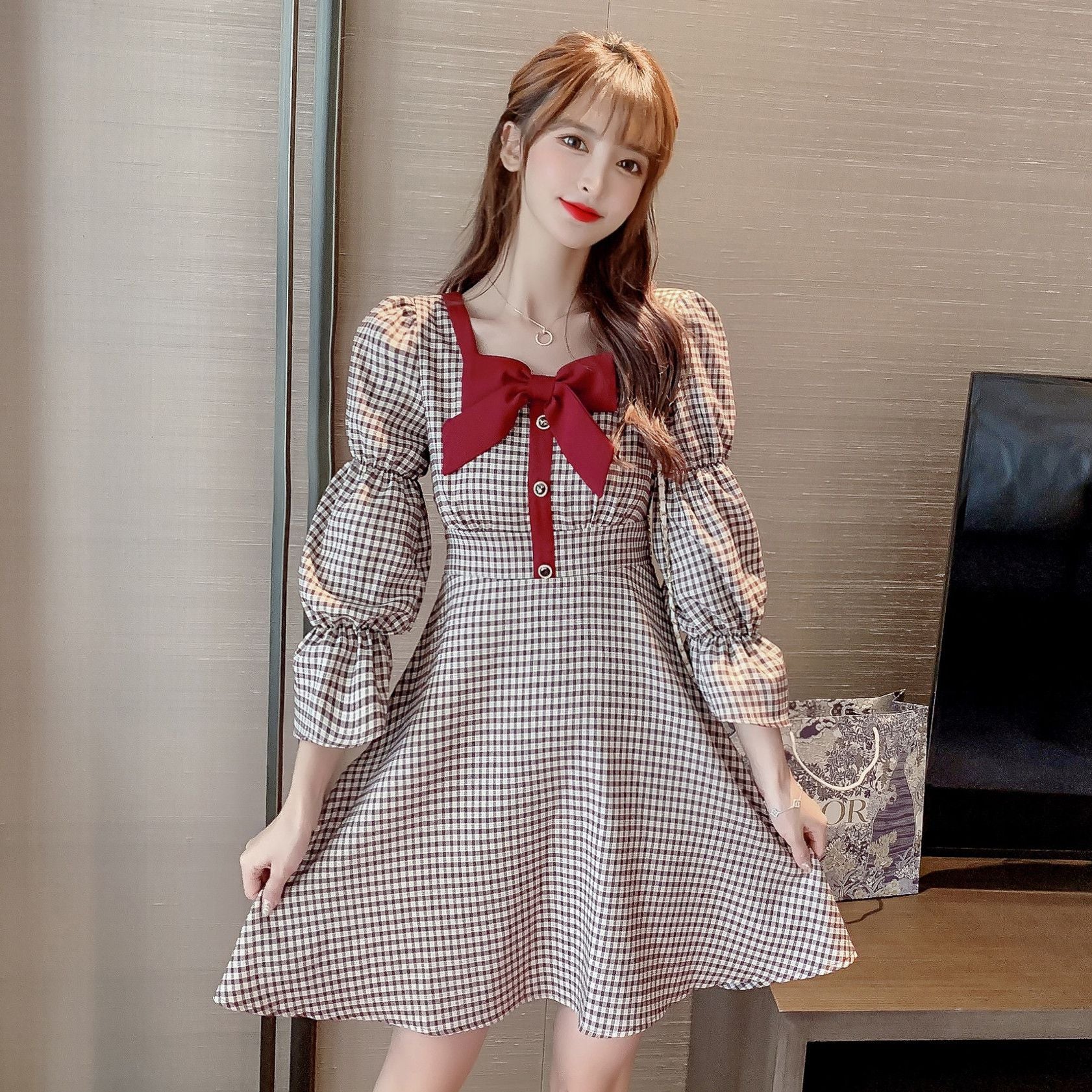 French Style Plaid Women One-piece Bodycon Dress Korean 2021 New Spring/Autumn vestido Red Vintage Bow Square Collar Dresses