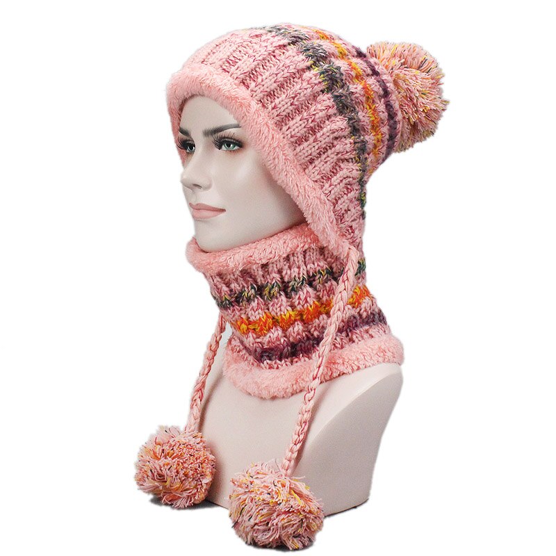 Geumxl Winter Women Knitted Hat Scarf Two Pieces Set Fashion Wool Thickening Hat Collars Female Warm Hat Scarf Set Snow Caps