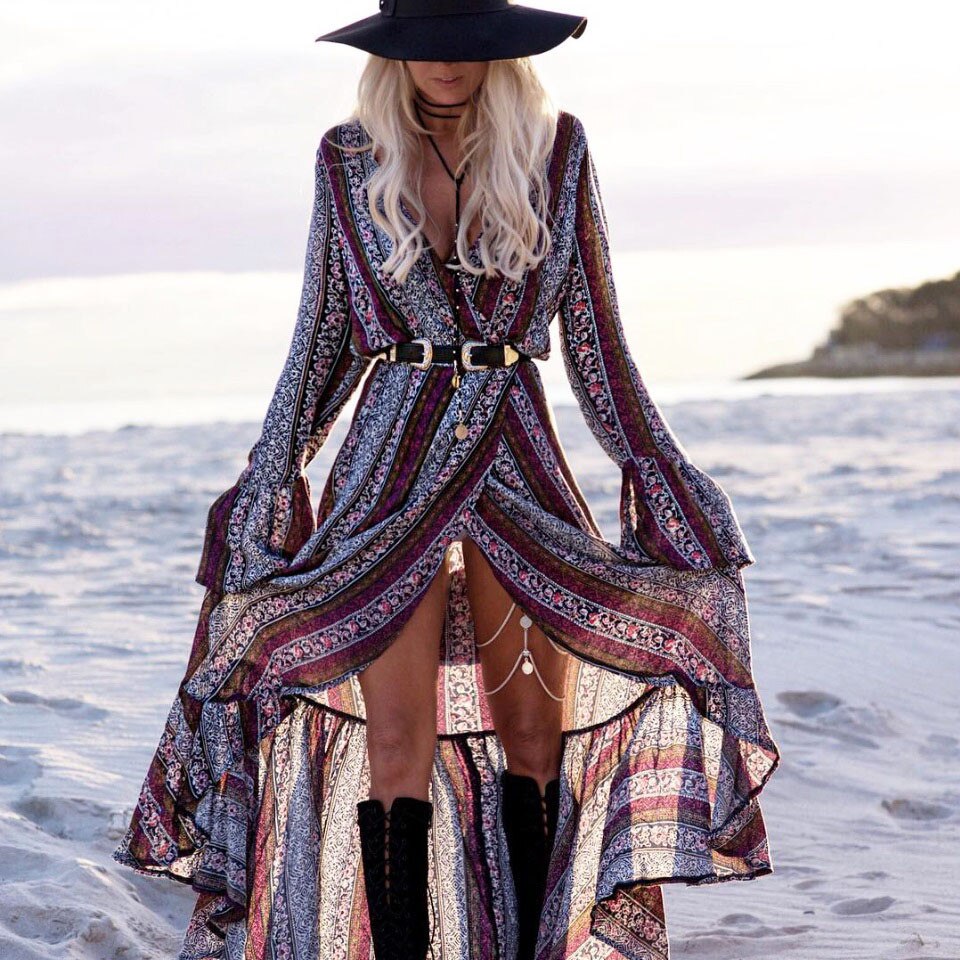 Geumxl Printing Beach Dress Long Sleeve Hippie Chic Long Maxi Holiday Dress 3XL Bandage Dresses Plus Size Vacation Vestidos