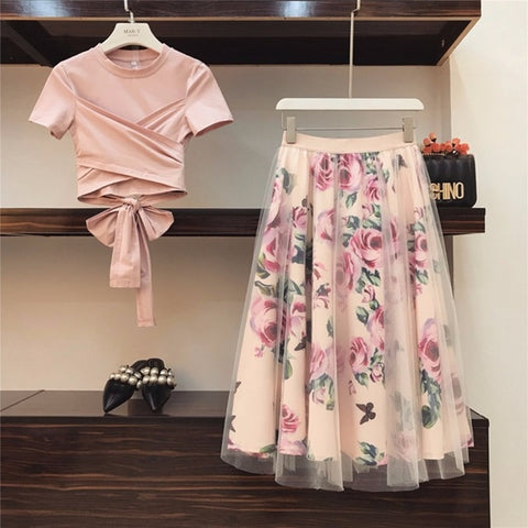 Geumxl Women Irregular T Shirt+Mesh Skirts Suits Bowknot Solid Tops Vintage Floral Skirt Sets Elegant Woman Two Piece Set