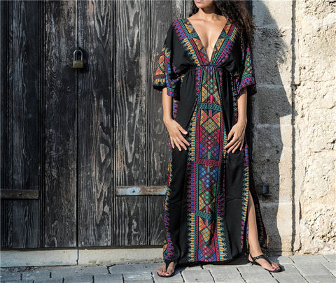 Geumxl 2023 Summer Women Tunic Beach Wear Sexy Plunging Neck V Back Side Split Black Indie Folk Embroidery Kaftan Dress Vestidos Q645