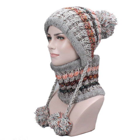 Geumxl Winter Women Knitted Hat Scarf Two Pieces Set Fashion Wool Thickening Hat Collars Female Warm Hat Scarf Set Snow Caps