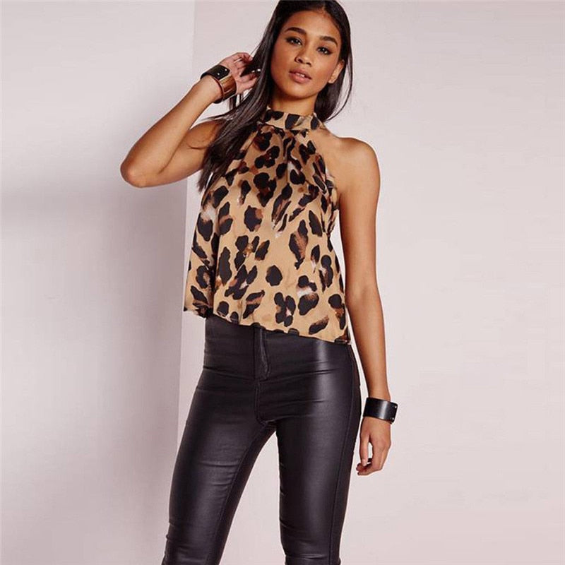 Geumxl Sexy Off Shoulder Leopard Blouse Chiffon Women Tops Summer 2023 Animal Print Casual Backless Sleeveless Shirts