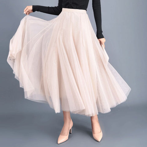 Geumxl Beige Gray Pink Max-i Long Skirt Spring Summer Womens 2023 New Tulle Skirts Party Mesh A-line Skirts Female Jupe Longue