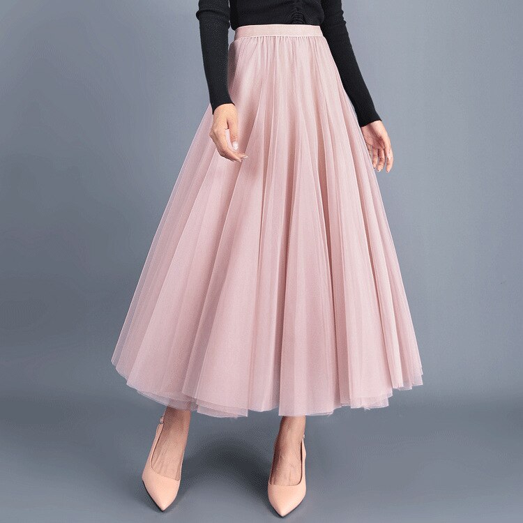 Geumxl Beige Gray Pink Max-i Long Skirt Spring Summer Womens 2023 New Tulle Skirts Party Mesh A-line Skirts Female Jupe Longue