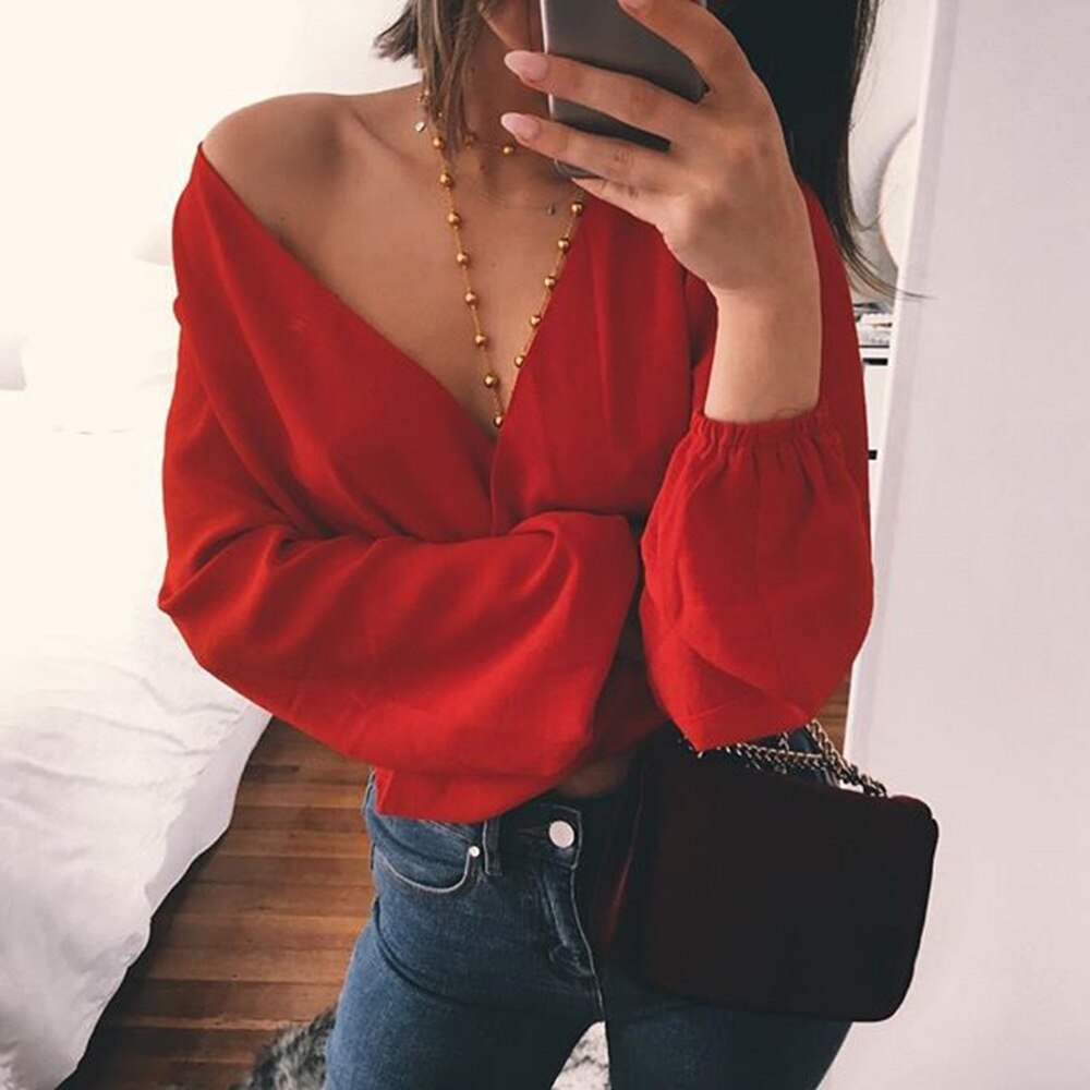 Geumxl Sexy V Neck Wrap Sheath Exposed Navel Short Top Bow Tie Autumn Shirts Chiffon Women Blouses 2023 Backless Red White Crop Tops