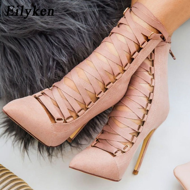 High Quality Gladiator Women Pump Genova Stiletto Sandal Boot Pointed Toe Strappy Lace Up Pumps Shoes Woman Sandals 12CM
