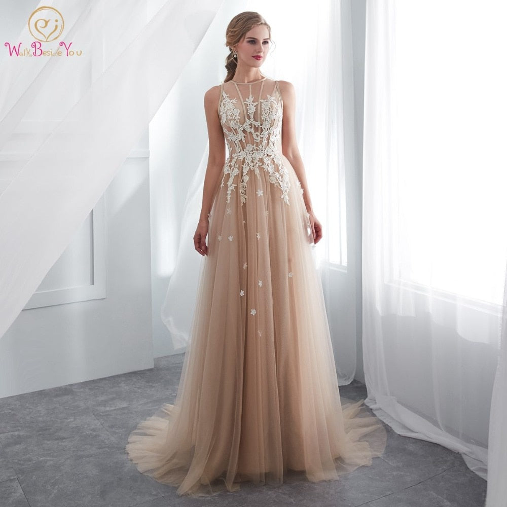 Geumxl Champagne Prom Dresses Walk Beside You O-Neck Transparent Lace Applique A-Line Sleeveless Sweep Train Long Party Evening Gowns