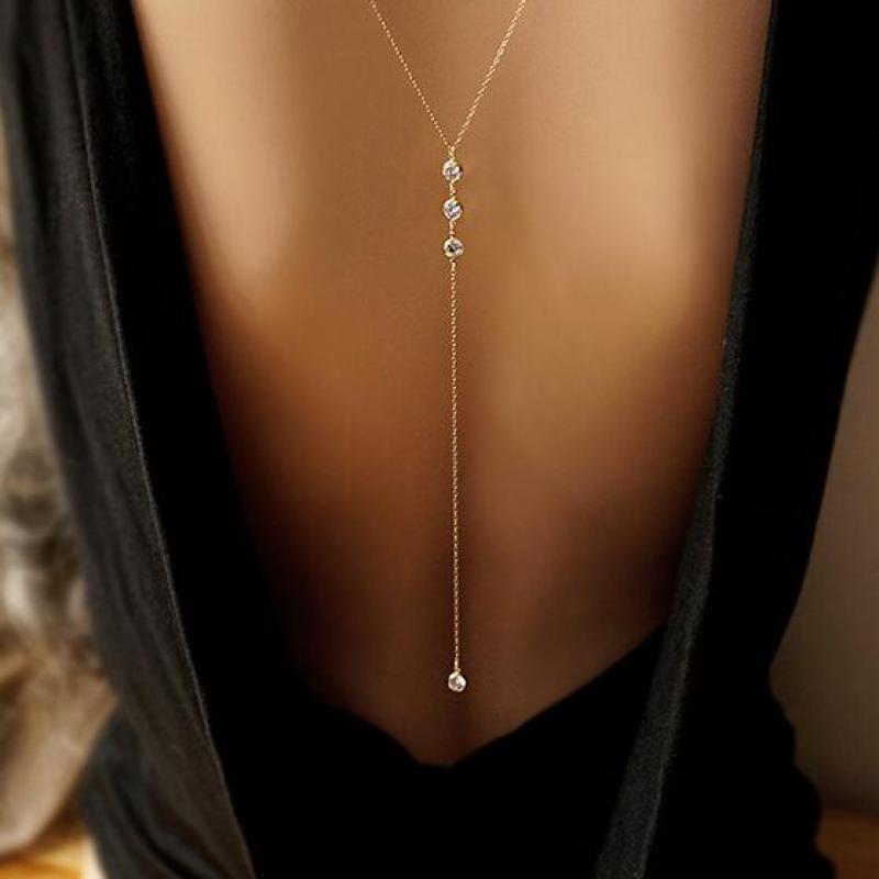 Geumxl Women Long Necklace Body Sexy Chain Bare Back Gold Crystal Rhinestone Pendant Chain Necklace Backdrop Beach Body Jewelry
