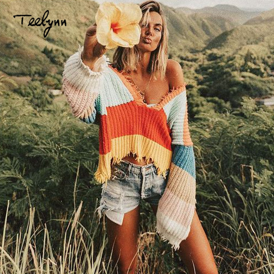 Geumxl Short Boho Sweater 2022 Autumn Color Stripe Long Sleeve Pullovers Sexy Deep V-Neck Sweater Loose Knitted Women Sweaters