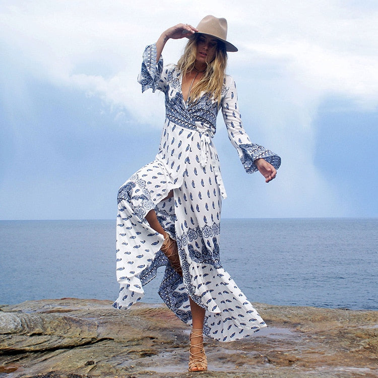 Geumxl Printing Beach Dress Long Sleeve Hippie Chic Long Maxi Holiday Dress 3XL Bandage Dresses Plus Size Vacation Vestidos