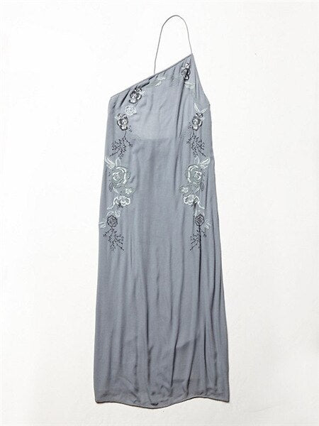 Geumxl 2022 New One-Shoulder Strap Long Dress Embroidery Flower Blue Maxi Dress Backless Sexy Holiday Summer Dress Boho Long Dresses