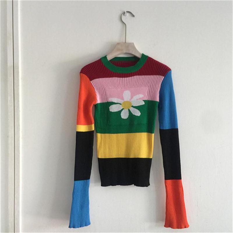 Striped Rain Bow Knitted Sweater Women 2022 Autumn Flower O Neck Elastic Stretchy Sweater Cotton Tops Multicolor Winter