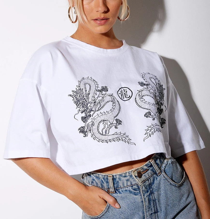 Geumxl Chinese Dragon Women Dragon Tshirt Short Sleeve Print Top Tee Punk Vintage Ulzzang  Black Hip Hop Clothes