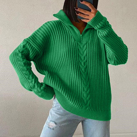 Geumxl Women Sweaters Polo Collar Twisted Turtleneck Knitted Zipper Green Winter Women's Sweater Jumper Drop-Shoulder Fashion Pullover