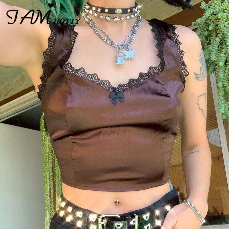 Lace Patchwork Bow Cute Crop Top Women Harajuku Gothic Brown V Neck Solid Party Club Tank Top Girls Streetwear 2022 Iamhotty