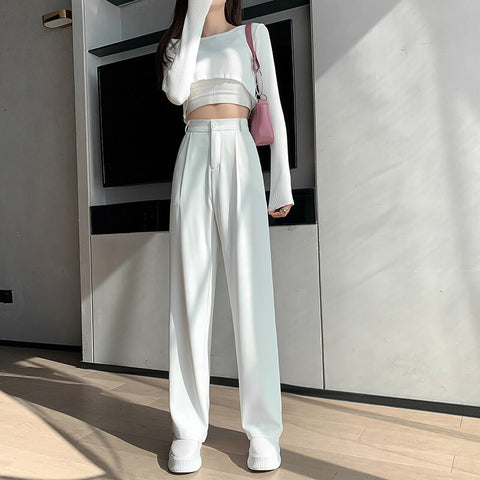 Geumxl Graduation gifts Spring Summer Loose Female Floor-Length White Suits Pants Casual High Waist Loose Wide Leg Pants for Women Ladies Trousers
