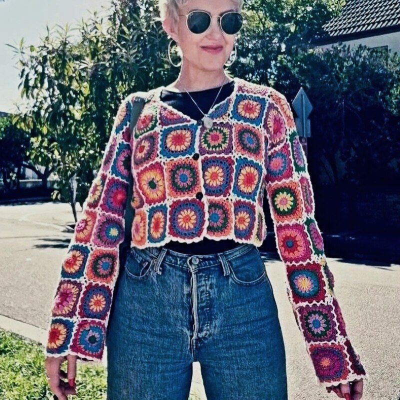 Geumxl Hippie Handmade Floral Knitted Cropped Sweater Women Tops Vintage Ethnic Crochet Jackets Hollow Out Outwear Jumper