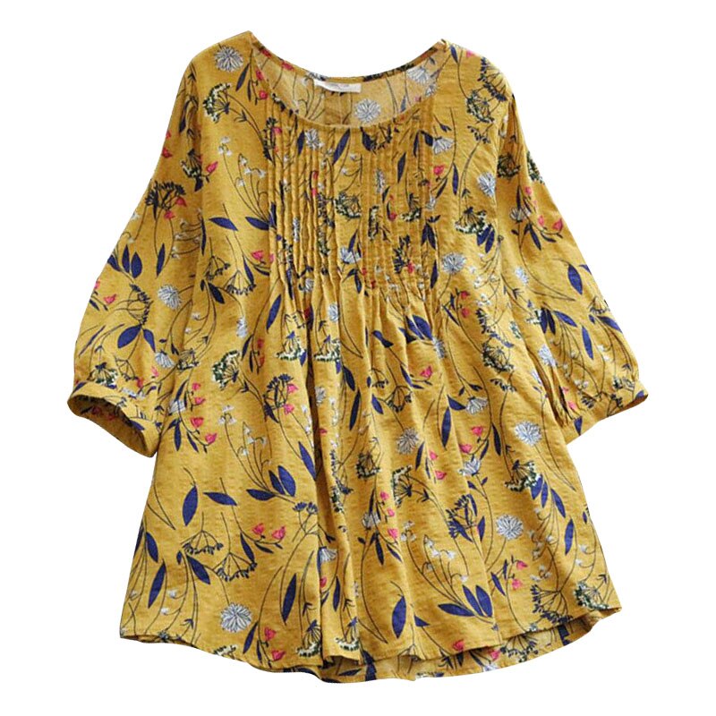 Geumxl New Design Plus Size Tops For Women Linen Cotton Shirt O-Neck 3/4 Sleeve Loose Casual Floral Print Blouse Femme