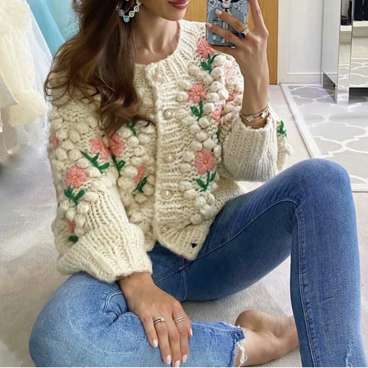 Hand-knitted sweater beige floral embroidery loose jumper Cardigan boho casual pull autumn winter warm women sweaters