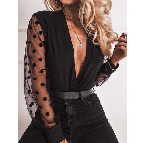 Geumxl Fashion Hot Sale Woman Sexy Deep V Mesh Perspective Polka-Dot Long-Sleeved Transparent Tight-Fitting Loose Top Pullover Shirt