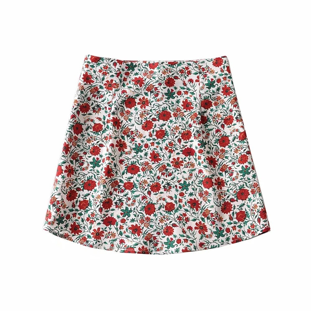 Summer Women Contrast color Floral Print Mini Skirt Vintage Package Hips Short Skirts Side Zipper