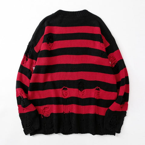 Geumxl Christmas Gift Striped Sweaters Women Punk Autumn Sweater Hollow Out Ripped Hole Broken Jumper Loose Oversized Pullovers Harajuku Streetwear