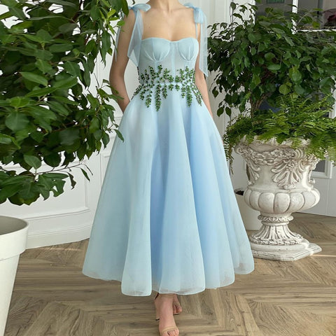 Geumxl Blue Prom Dresses 2022 A-Line Spaghetti Strp Beaded Tea Length Party Gown Robes De Cocktail Dress For Teens Free Shipping