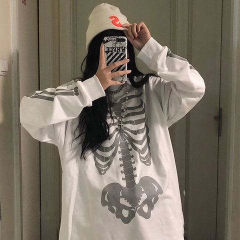 Geumxl Halloween 2022 New Skull Print Street Hip-Hop Couple Long-Sleeved T-Shirt Graphic T Shirts Harajuku Y2k Tops Women Shirts Clothes