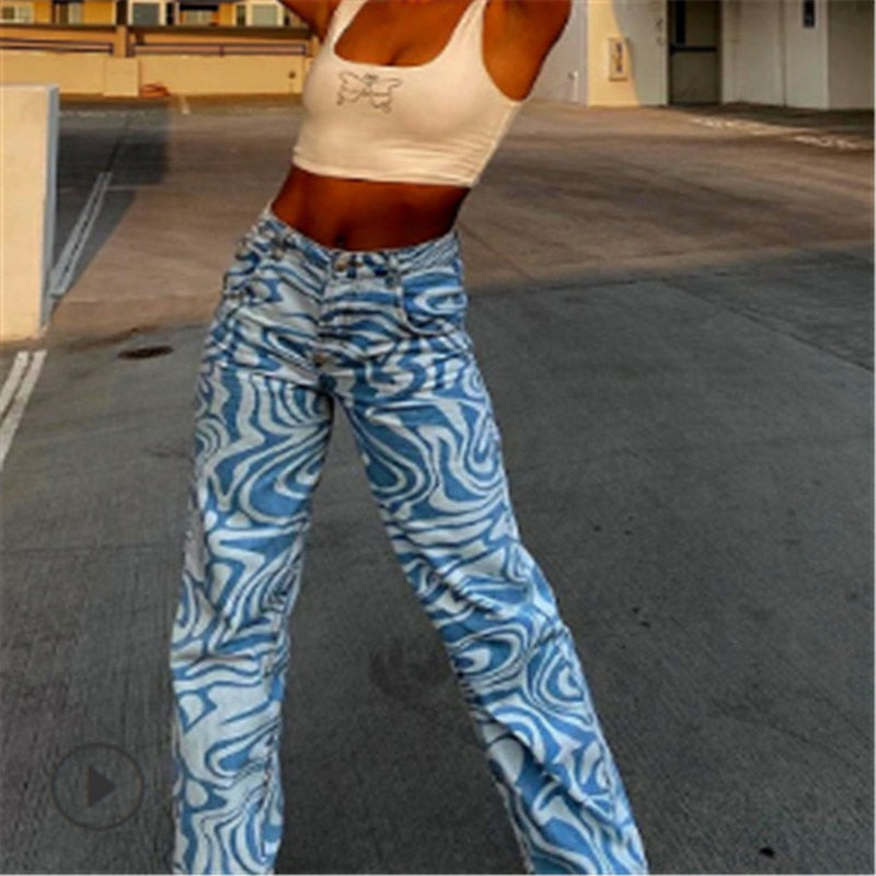 Geumxl Women’S Korean Straight Jeans Fashion Irregular Stripe Printing High-Waist Casual Trousers Denim Pants With Pocket