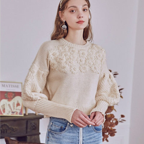 Geumxl Apricot Lantern Long Sleeve Loose Knit Jumper Women Sweaters Vintage Floral Emboidery Pull Boho Winter Warm Pullovers