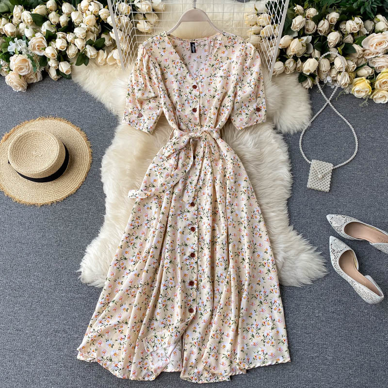 Geumxl French Sweet Floral Dress Women V Neck Puff Sleeve Single-Breasted Belt Dress Summer Bohemian Print A-Line Midi Dress