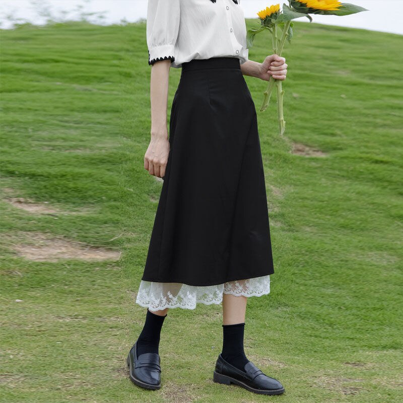 Elegant Casual Midi Skirt Women High-waisted Black Japanese Harajuku Y2k Skirt Lace Designer Korean Fashion Clothing Summer 2022