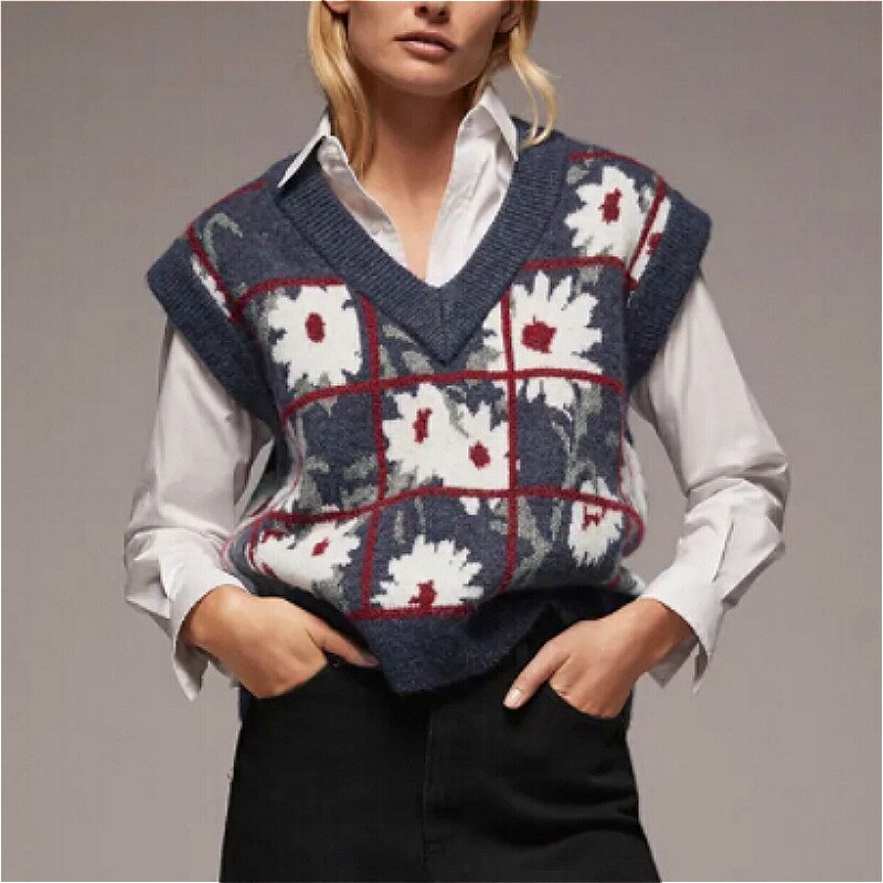 Geumxl Sleeveless Sweater Vest For Women 2022 Vintage Floral Spring Autumn Winter Sweaters Tank Tops Knitted V Neck Navy Jumper