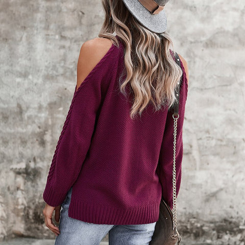 Geumxl Boho 2023 Spring Autumn Women Solid Color Off-Shoulder Sweaters Pullovers Casual Knitted Lady Mock Neck Sexy Jumpers