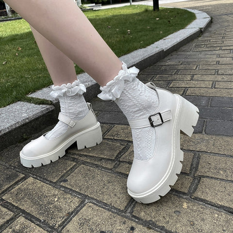 Geumxl White Mary Jane Lolita Shoes Girls Cosplay Platform Heels Shoes Ladies Small Leather Vintage Shoes Women Chunky Heel Pumps