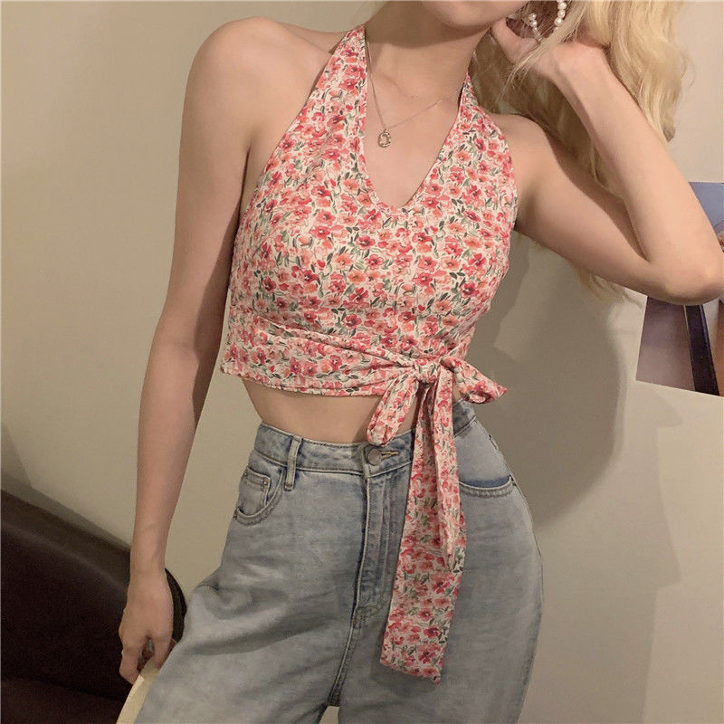 South Korea Floral Pink  Halter Top Summer Bohemian Beach Style Backless Tank Top Tie Knot Front Cut Out Mini Vest Women Cami