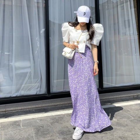 Skirts Korean Chic Slim Summer A Line High Waist Purple Floral Print Skirt Women Chiffon Mid Length Gentle Elegant Mujer Faldas