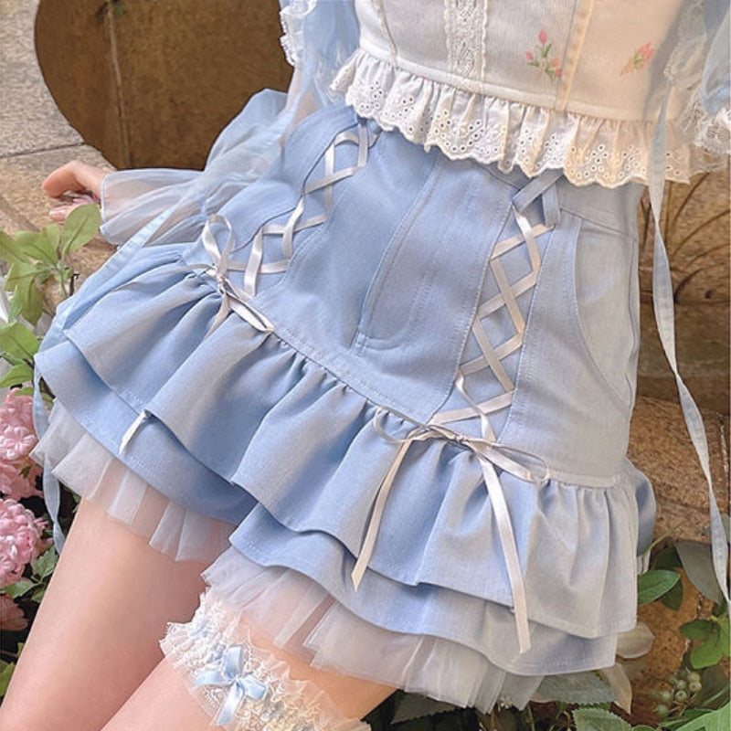 Japanese Kawaii Mini Skirt Women Summer Casual Designer Elegant Lolita Sexy Skirt High Waist Lace Bandage Y2k Sweet Skirt 2022