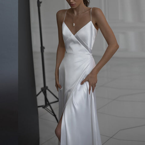 Geumxl Women Robe Long Dress 2022 Women's Casual Sleeveless Camisole V-Neck Solid Maxi Long Dress Split Fork White Dress