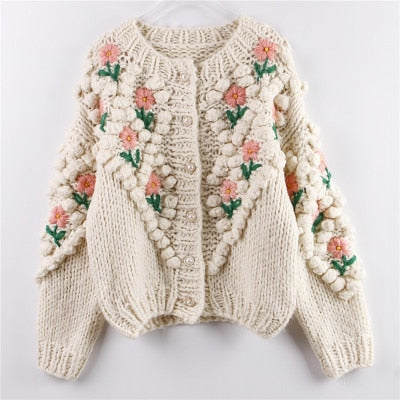 Hand-knitted sweater beige floral embroidery loose jumper Cardigan boho casual pull autumn winter warm women sweaters