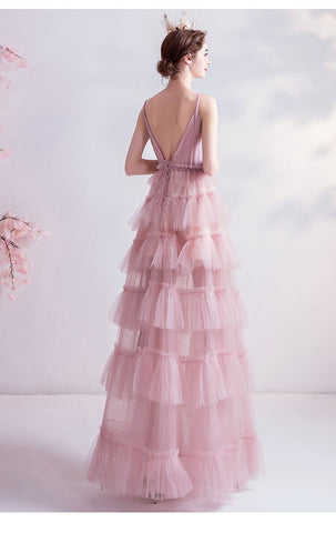 Prom Dresses Long 2022 Pink Tulle Formal V Neck Spaghetti Strap Tiered Bow Front Split Lace Up Back Formal Evening Gowns Stock