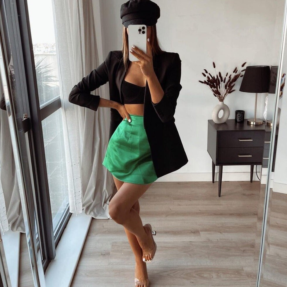 Geumxl 2022 Sexy High Waist Green Satin Skirt Like Silk Summer Women Bodycon Mini Skirts